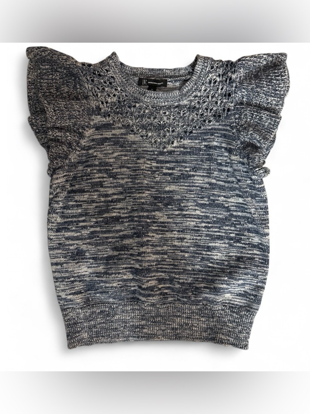 INC International Concepts Navy & Cream Marled Knit Short-Sleeve Sweater
